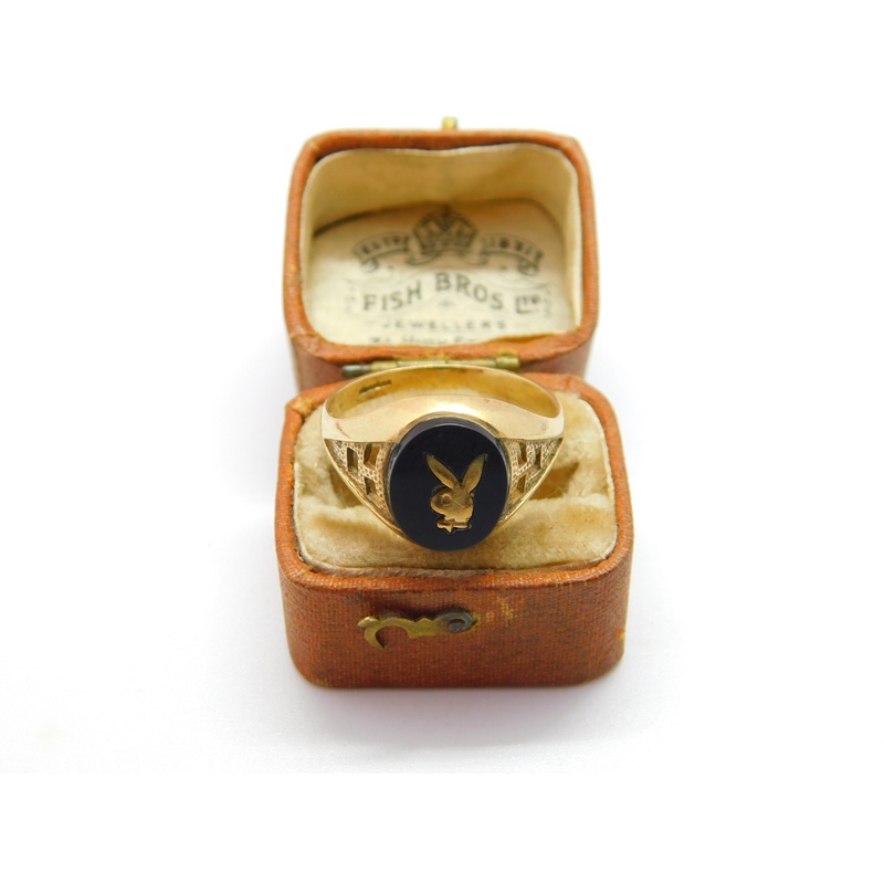 9ct Yellow Gold & Onyx Set Playboy Bunny Signet Ring 1973 Birmingham Vintage