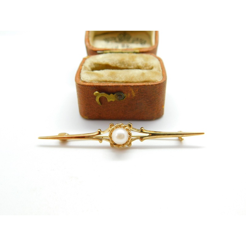 9ct Yellow Gold & Pearl Set Sweetheart Bar Brooch Antique c1930 Art Deco