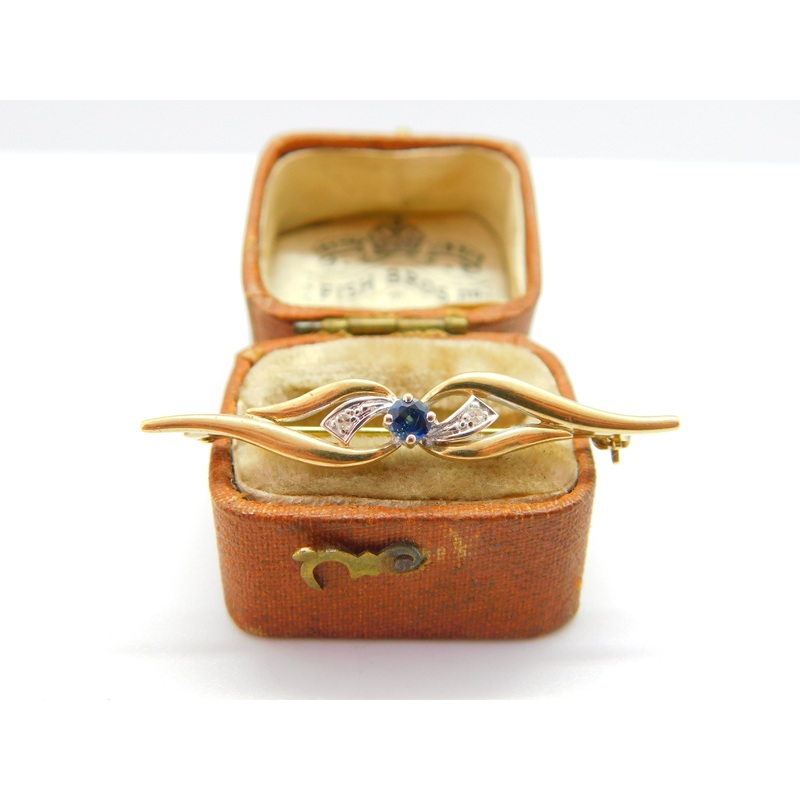 9ct Yellow Gold, Sapphire & Diamond Bar Brooch 1979 Birmingham Vintage