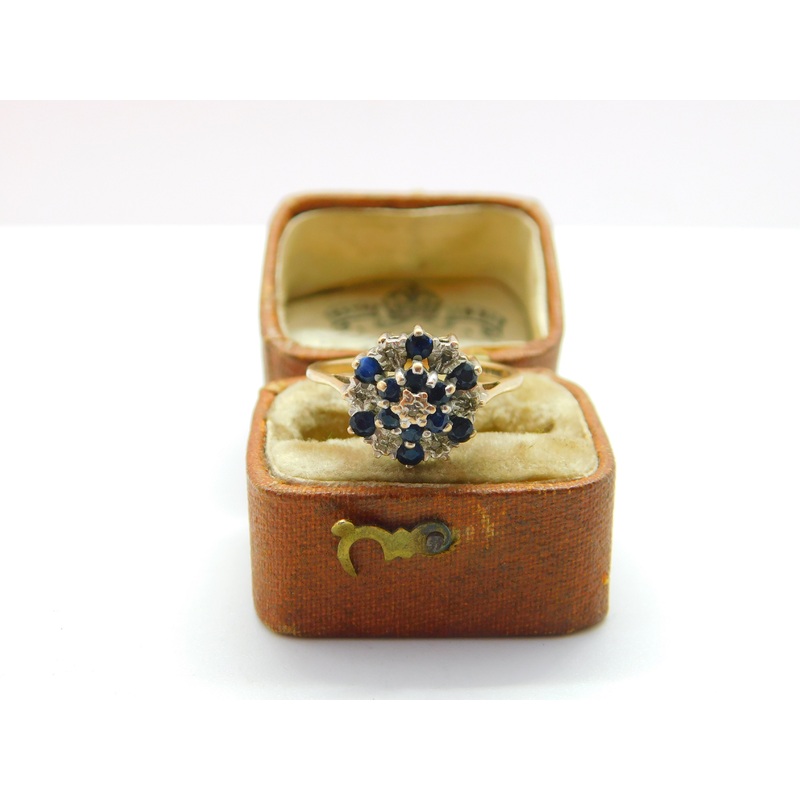 9ct Yellow Gold Sapphire & Diamond Floral Cluster Ring 1977 Birmingham Vintage
