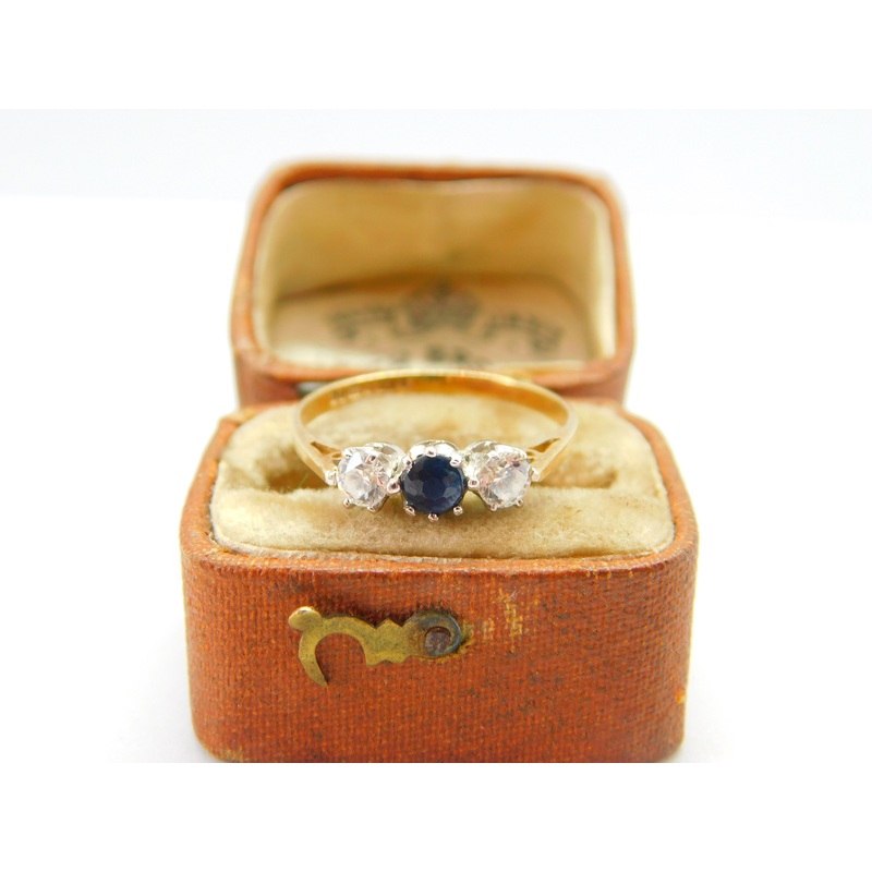 9ct Yellow Gold, Sapphire & Spinel Set Three-Stone Ring 1970 London Vintage