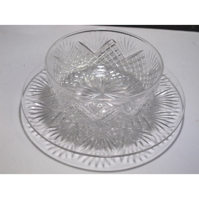 Cut Glass finger bowl + underplate strawberry diamond fan Antique crystal