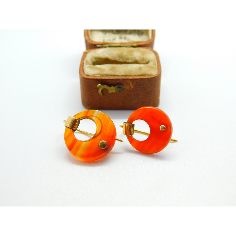 Early Victorian 14ct Yellow Gold Carved Carnelian Disc Hook Earrings c1850