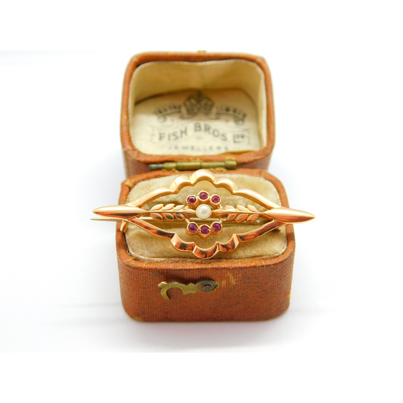 Edwardian 14ct Rose Gold, Ruby & Pearl Set Wreath Sweetheart Brooch c1910