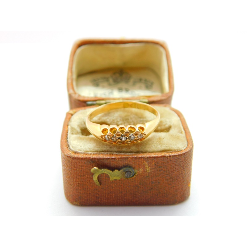 Edwardian 18ct Yellow Gold Five Stone Diamond Boat Ring 1902 Chester Antique