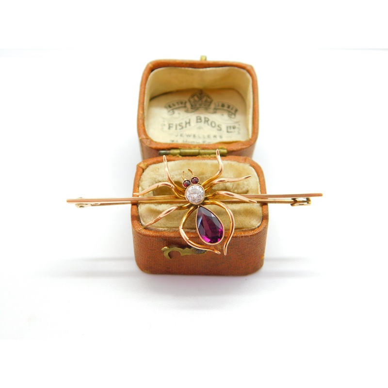 Edwardian 9ct Gold, 0.2ct Diamond & Almandine Garnet Spider Insect Brooch c1910