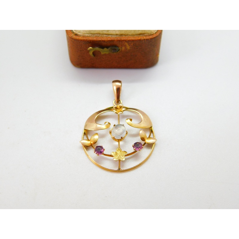 Edwardian 9ct Yellow Gold, Moonstone & Amethyst Lavalier Drop Pendant c1910
