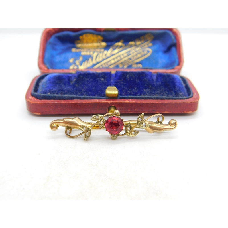 Edwardian 9ct Yellow Gold, Seed Pearl & Garnet Wreath Brooch c1910 Antique