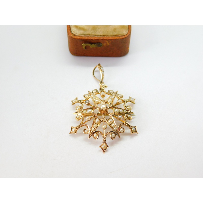 Edwardian 9ct Yellow Gold Seed Pearl Set Starburst Drop Pendant c1910 Antique