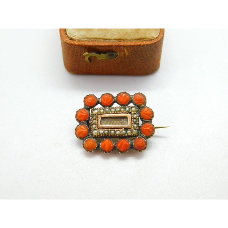 Georgian 9ct Gold, Carved Red Coral, Seed Pearl & Hair Set Mourning Brooch c1820