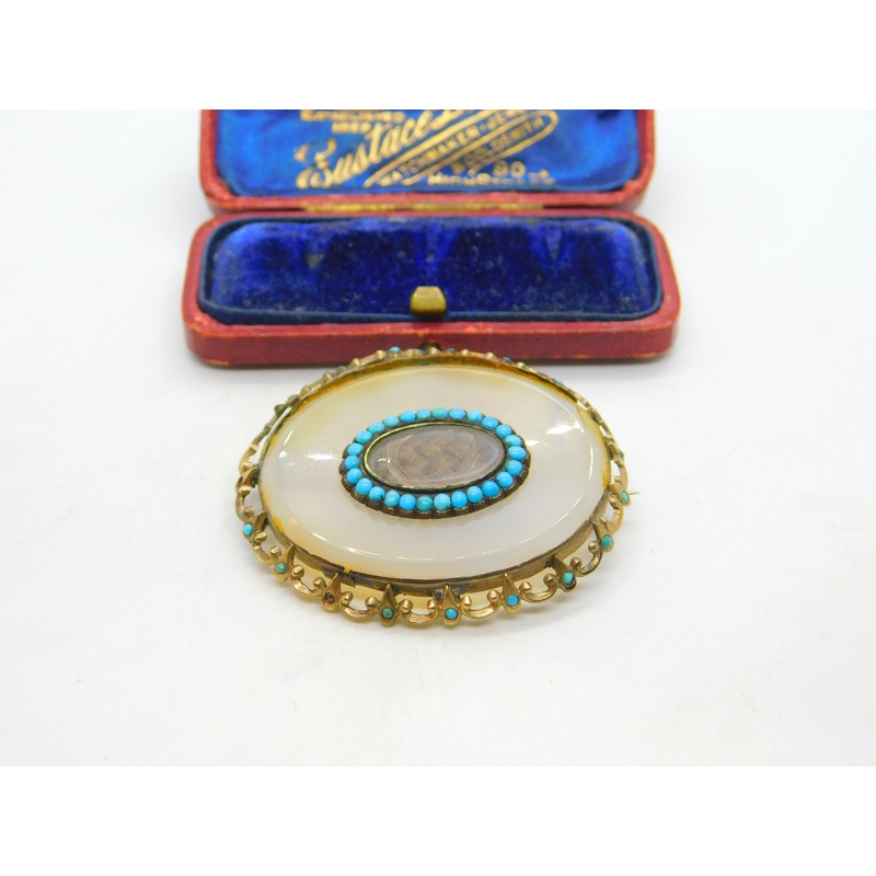 Georgian 9ct Gold, Chalcedony & Turquoise Mourning Brooch c1830 Antique
