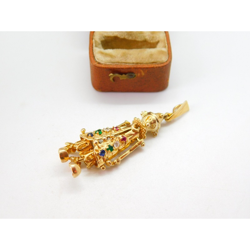 Large 9ct Gold, Ruby, Diamond, Sapphire & Emerald Set Articulated Clown Pendant