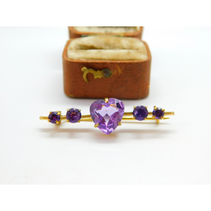 Victorian 15ct Yellow Gold Heart Cut Amethyst Sweetheart Brooch c1900 Antique