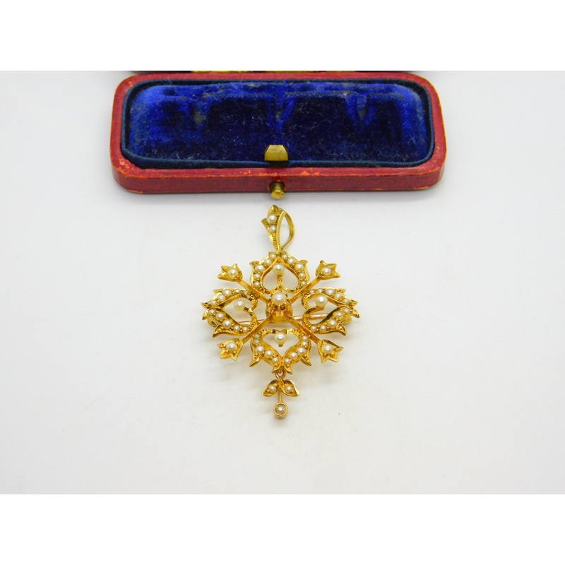 Victorian 15ct Yellow Gold Seed Pearl Set Floral Lavalier Drop Pendant c1890