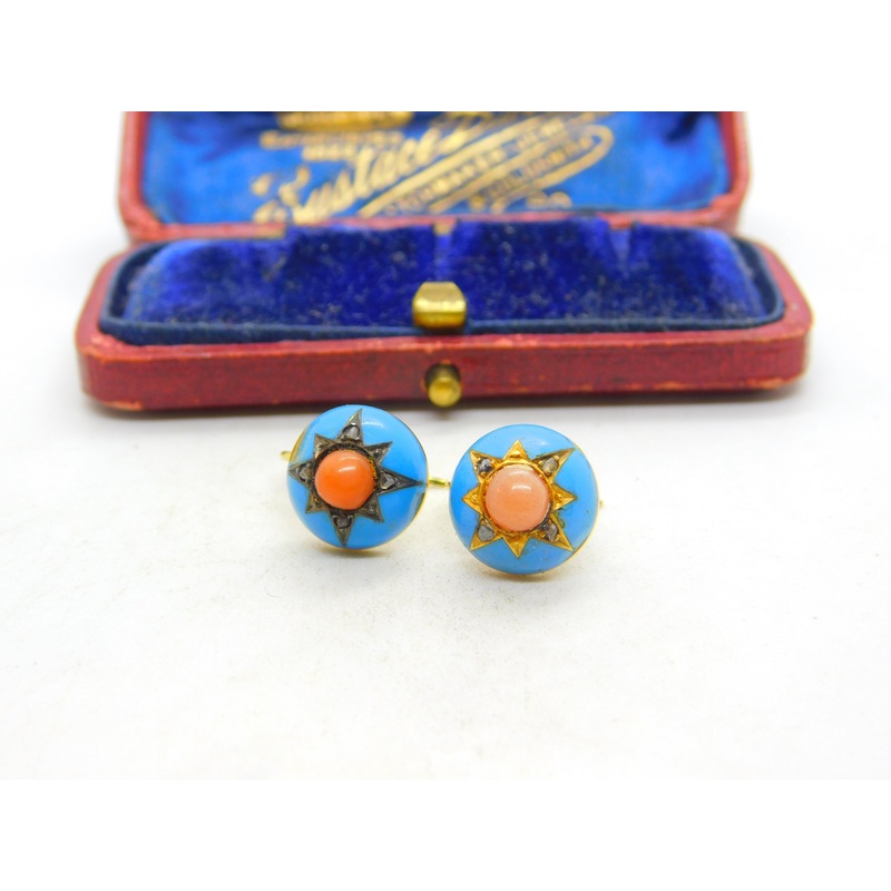 Victorian 18ct Gold, Blue Enamel, Coral & Pave Set Mine-Cut Diamond Earrings