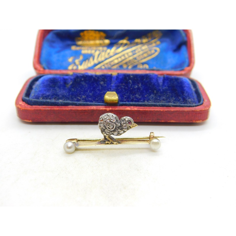 Victorian 18ct Gold, Pearl & Old-Mine Cut Diamond Baby Chick Brooch c1860 Antique