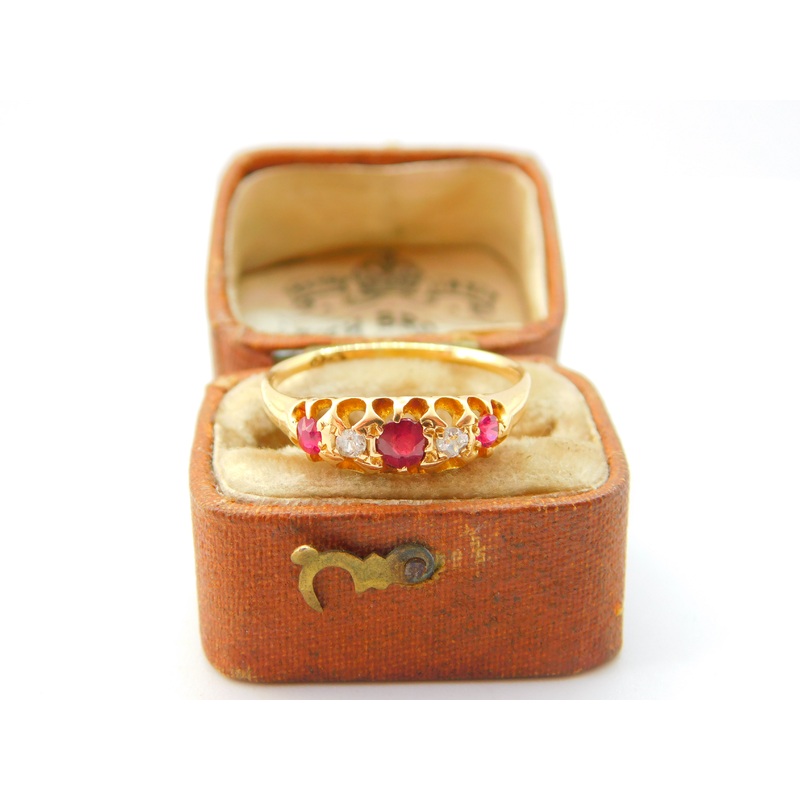 Victorian 18ct Yellow Gold, Ruby & Diamond Set Boat Ring c1880 Antique