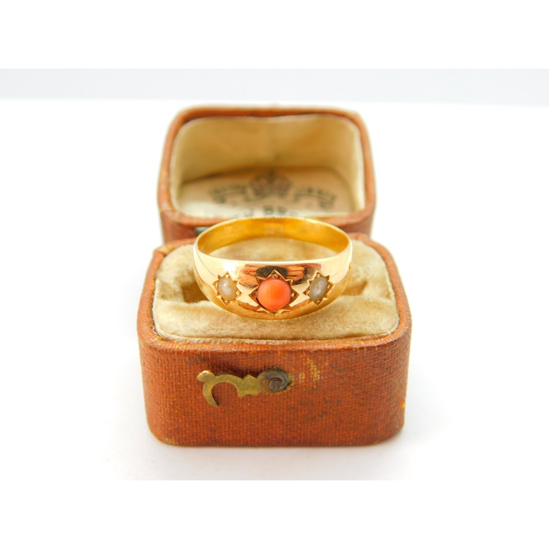 Victorian 18ct Yellow Gold, Seed Pearl & Coral Boat Ring c1880 Antique Size P UK