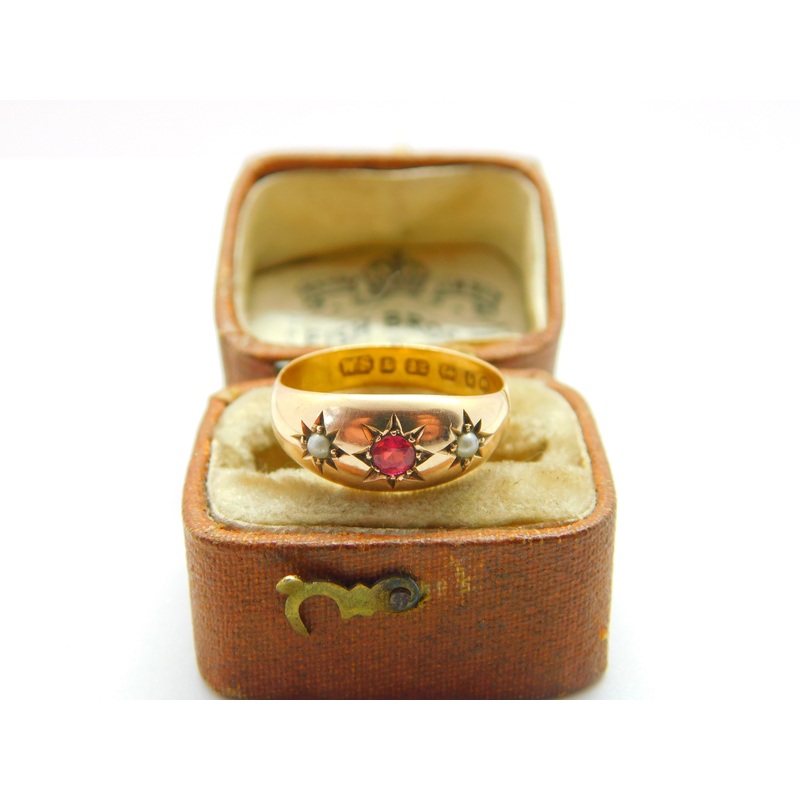 Victorian 22ct Yellow Gold, Ruby & Seed Pearl Boat Ring 1884 Birmingham Antique
