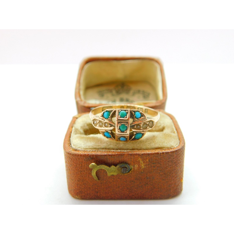 Victorian 9ct Yellow Gold, Turquoise & Seed Pearl Dress Ring 1877 Birmingham