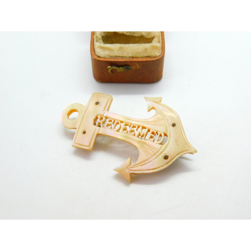 Victorian Carved Mother of Pearl Anchor of Hope 'Redeemed' Brooch c1850 Antique
