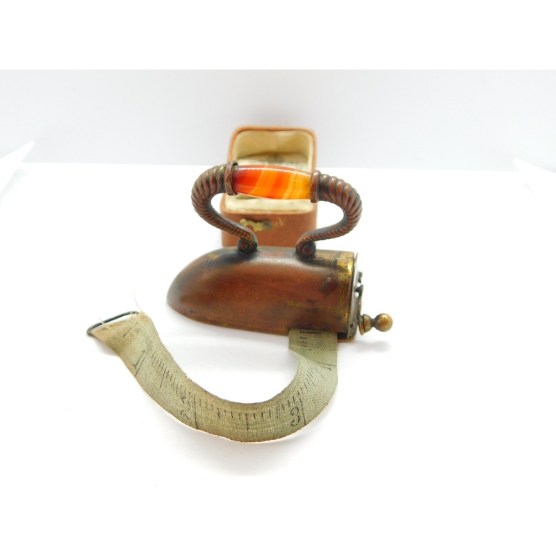Victorian Copper Metal & Banded Agate Iron Shaped Novelty Tape Measure c1860
