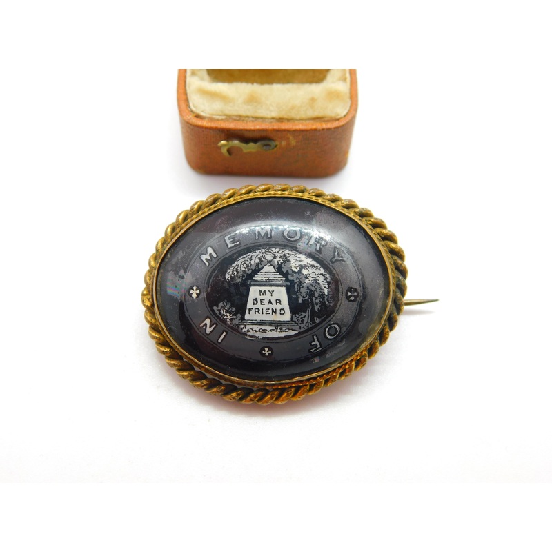 Victorian Gilt Metal & Porcelain 'In Memory of My Dear Friend' Mourning Brooch