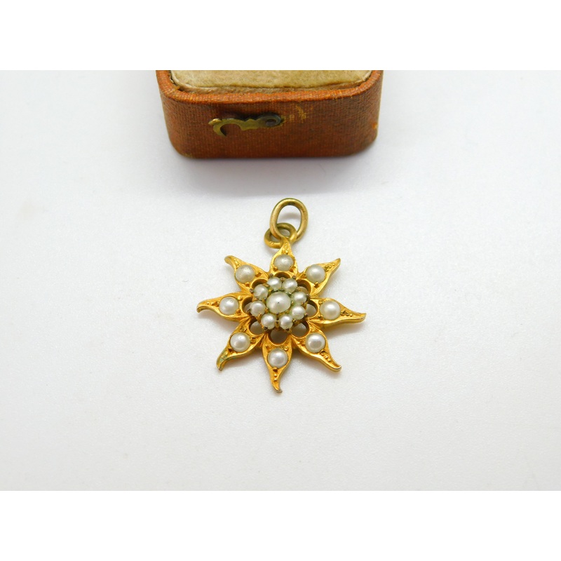 Victorian Pinchbeck & Pearl Set Starburst Drop Pendant c1890 Antique