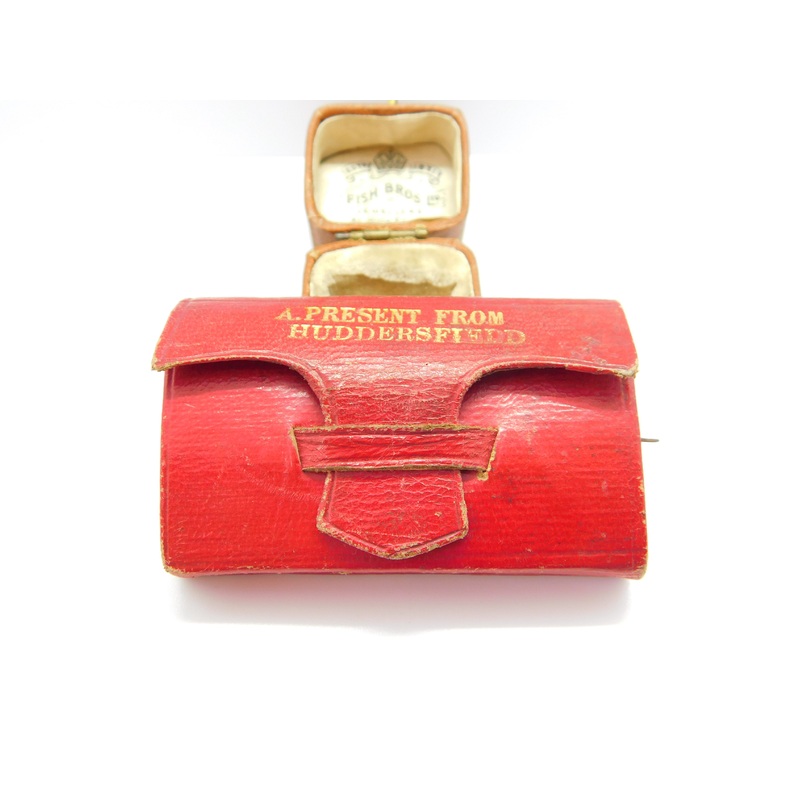 Victorian Red Leather 'A Present from Huddersfield' Pin Cushion Sewing Set c1890