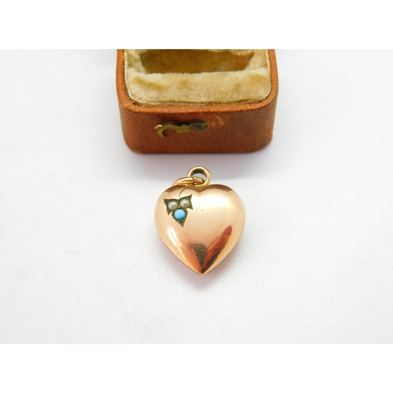 Victorian Rolled Gold, Seed Pearl & Turquoise Puffy Heart Pendant c1890 Antique