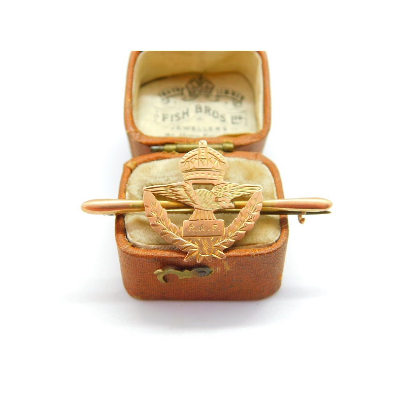 WWII-era 9ct Rose Gold 'RAF' Wings & Crown Sweetheart Brooch Antique c1940