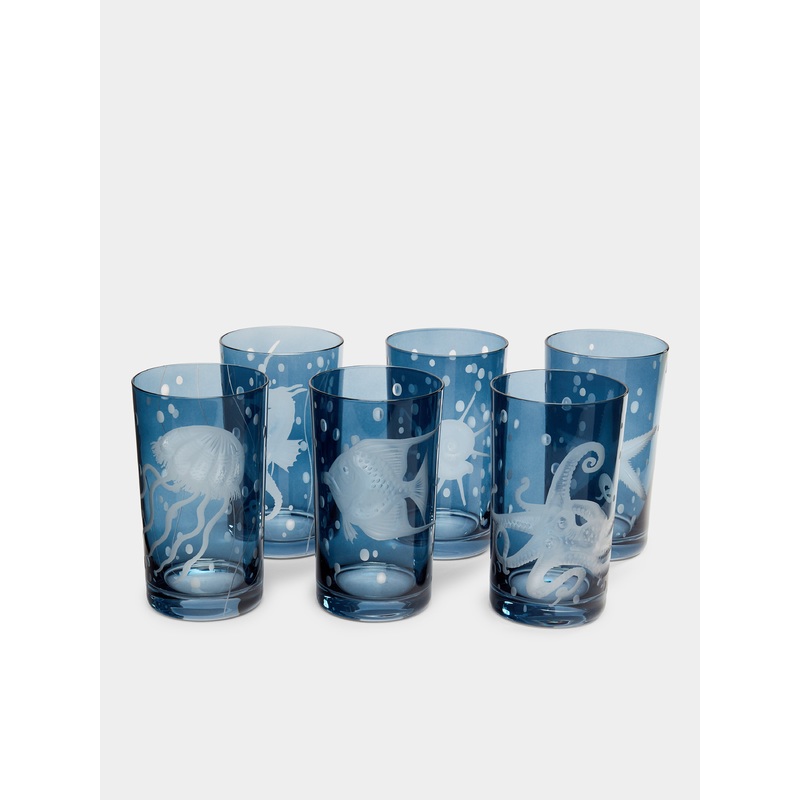Frutti di Mare Hand-Engraved Crystal Tall Tumblers (Set of 6)