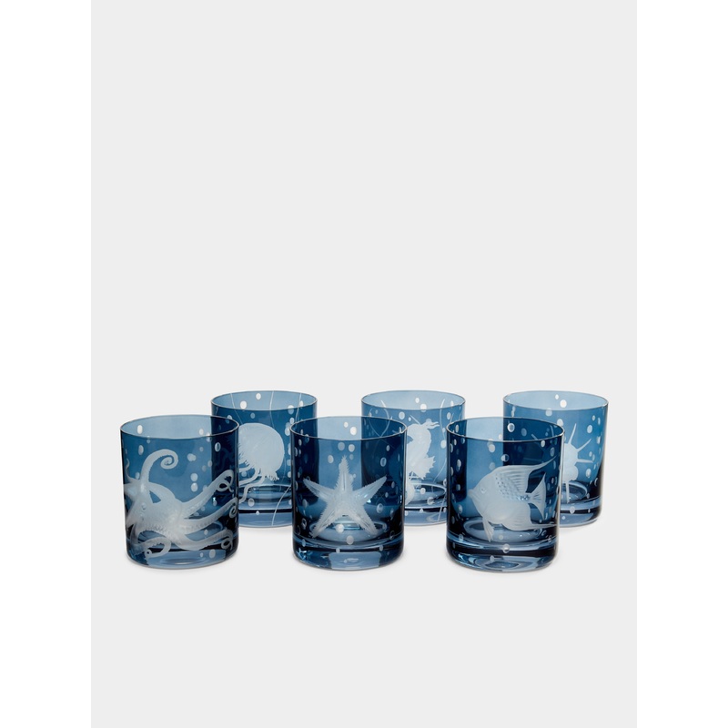Sea Life Hand-Engraved Crystal Double Old Fashioned Glasses (Set of 6)
