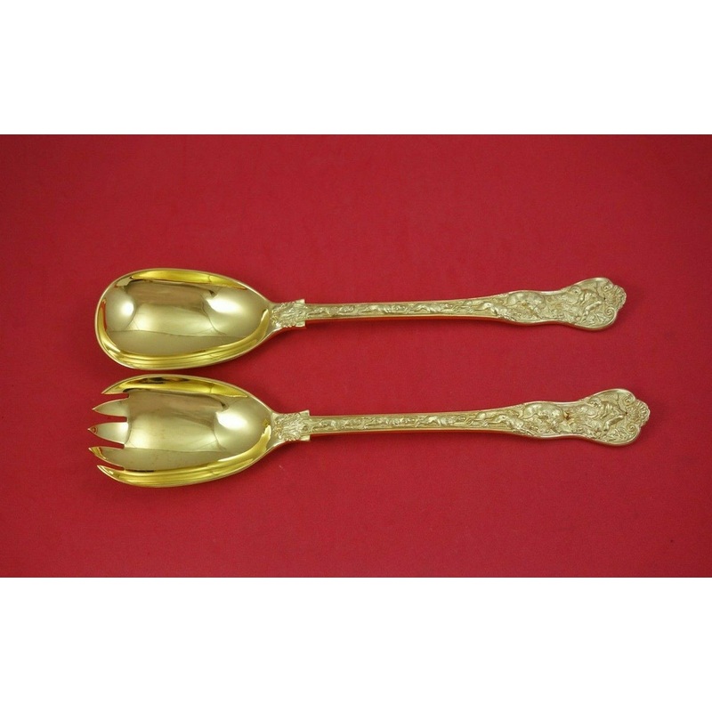 Stag Hunt by English Sterling Salad Serving Set 5-tine Vermeil 2pc