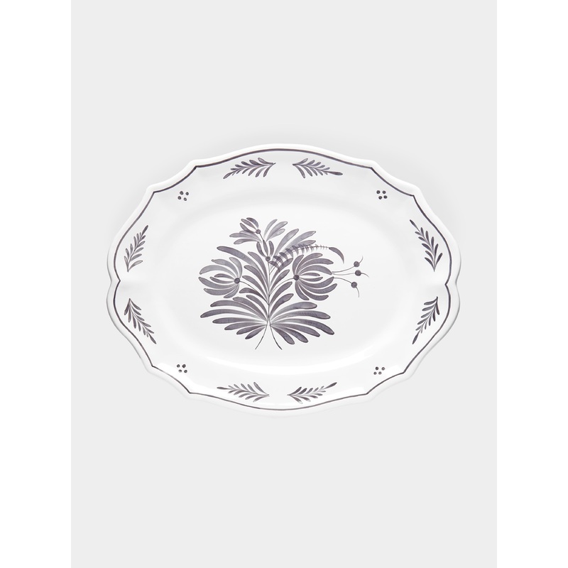 Antique Fleurs Hand-Painted Ceramic Large Oval Serving Dish