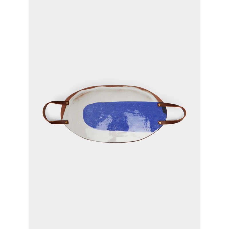 Hand-Glazed Terracotta Large Platter with Leather Handles