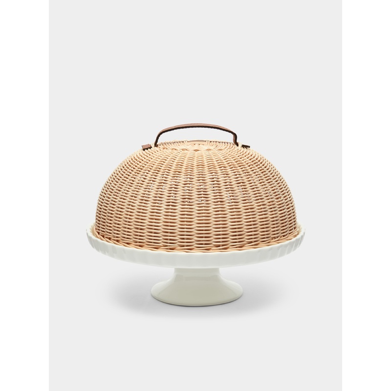 Handwoven Wicker and Ceramic Domed Cake Stand