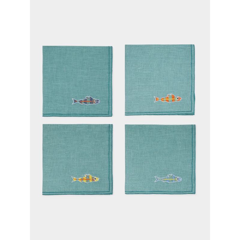 Sardines Embroidered Linen Napkins (Set of 4)