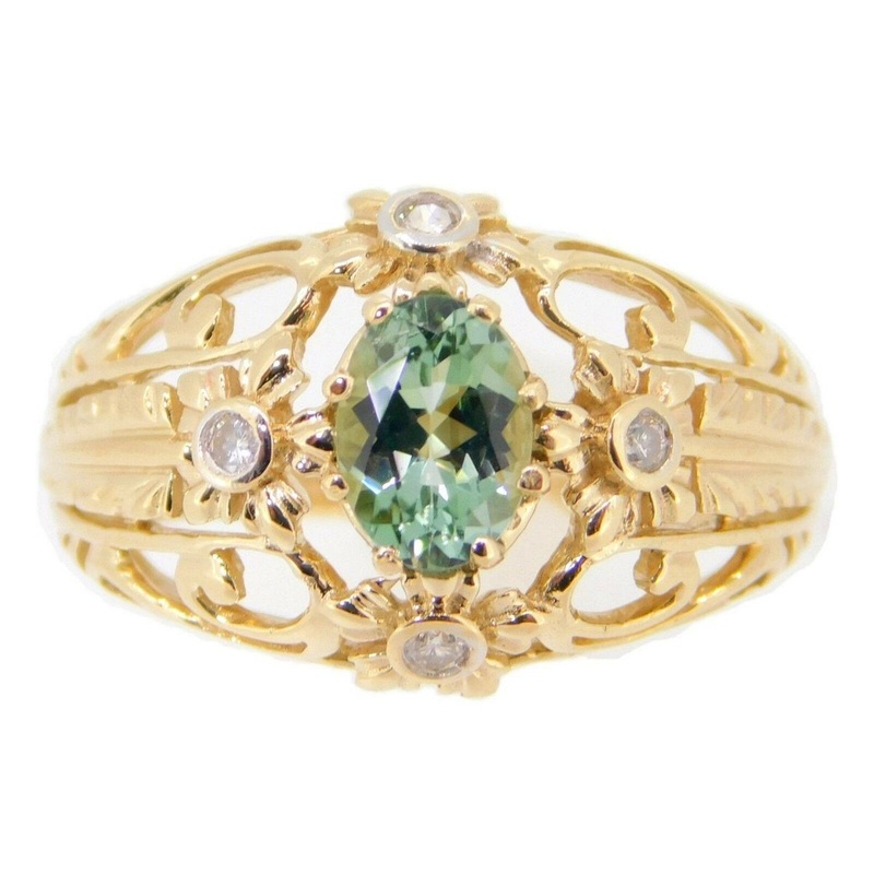 10k Gold .72ct Green Genuine Natural Tourmaline Ring with Diamonds (#J3987)