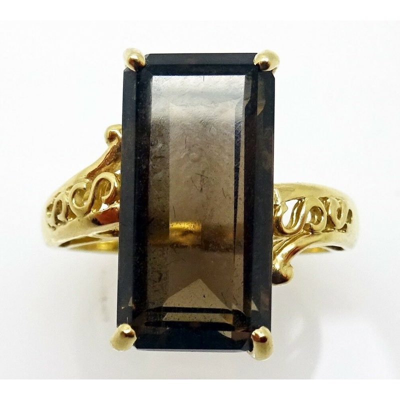 10k Gold Emerald Cut Genuine Natural Smoky Quartz Ring (#J3475)