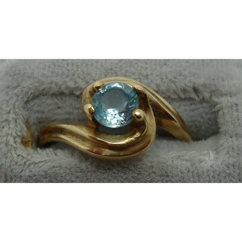 10K Gold Round Blue Genuine Natural Topaz Ring (#J1570)