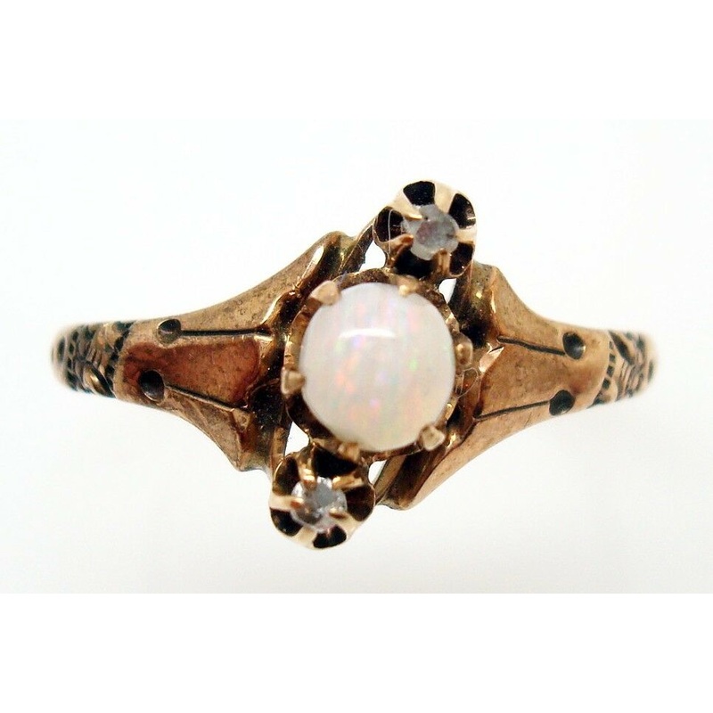 10K Rose Gold Ring with A Round Genuine Natural Opal and Two Diamonds (#J415)