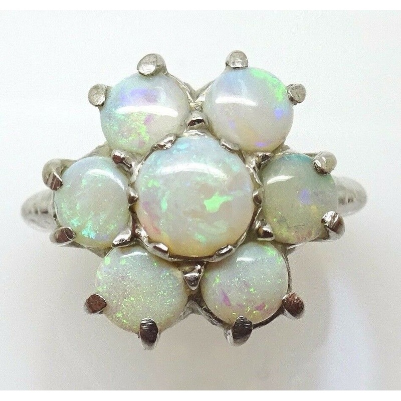 10k White Gold Ring with Genuine Natural Opal Rosette Cluster (#J3661)