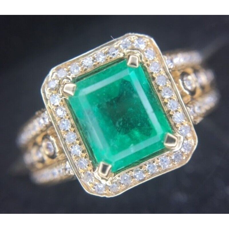 10k Yellow Gold 1.62ct Genuine Natural Emerald and Diamond Ring (#J2604)