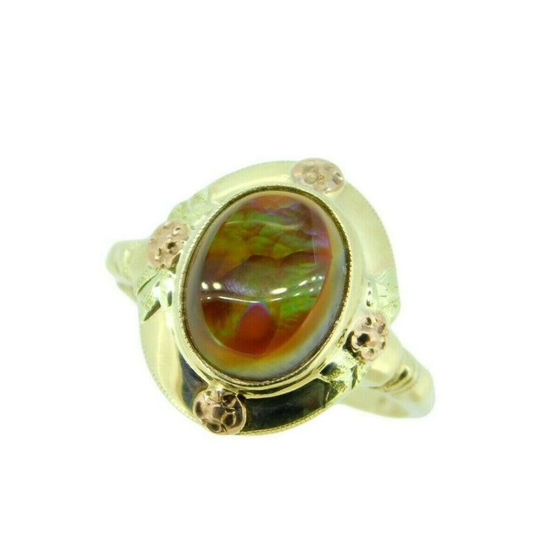 10k Yellow Gold Fire Genuine Natural Agate Ring with Rose Gold Flowers (#J4645)