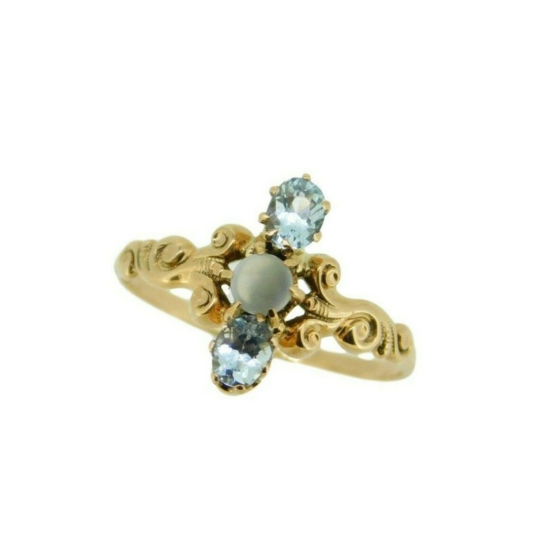 10k Yellow Gold Victorian Genuine Natural Aquamarine and Moonstone Ring (#J4649)