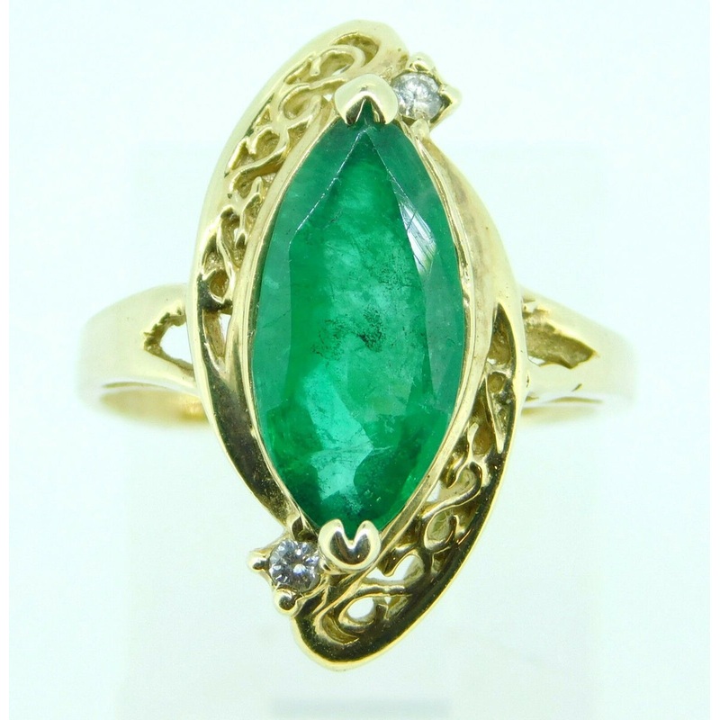 14k 2.25ct Marquise Genuine Natural Emerald Ring with Diamonds (#J4300)