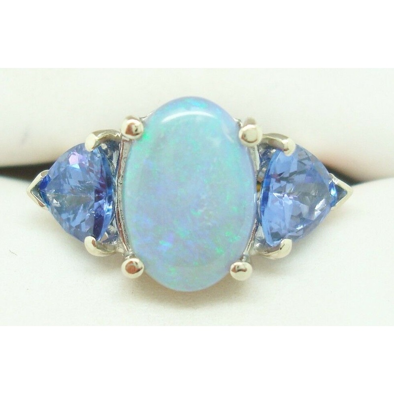 14K Gold 2.33ct Black Genuine Natural Opal Ring w/ Trillion Tanzanites (#C2449)