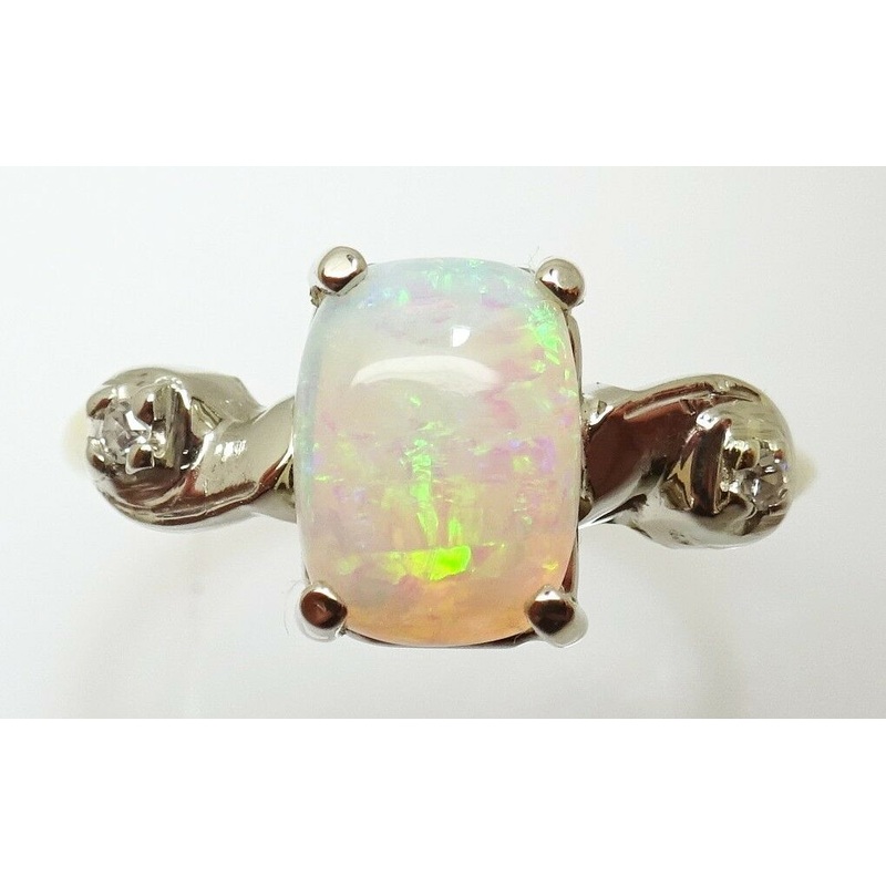14K Gold .87ct Cushion Cut Genuine Natural Opal Ring with Diamonds (#J3317)