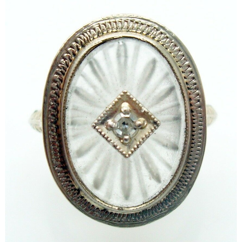 14k Gold Art Deco Filigree Genuine Natural Rock Crystal Ring w/Diamond (#J2861)